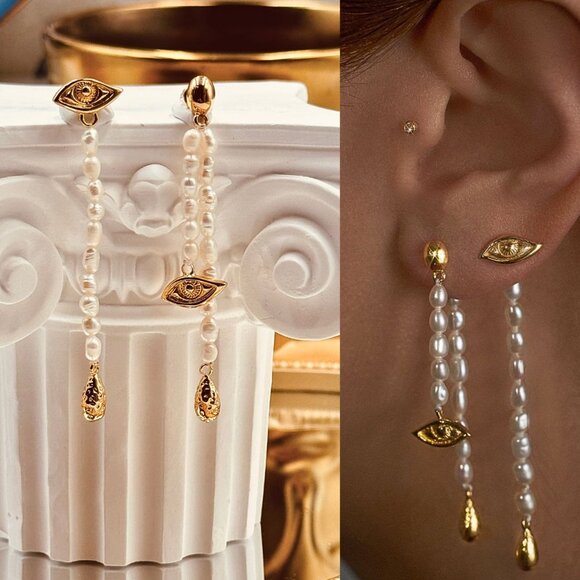 🆕 PAMELA LOVE 🧿 Crying Eye Dangling Pearl Mismatched Earrings - Picture 1 of 16
